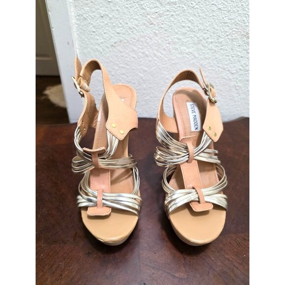Steve Madden Gold & Nude Strappy Wedge Sandals With Buckle Closure Size 7.5 - Picture 2 of 13